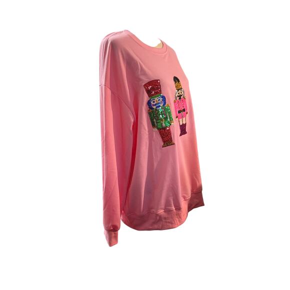 Pink Sweatshirt With Sequined Nutcrackers. Size XL - Picture 3 of 4